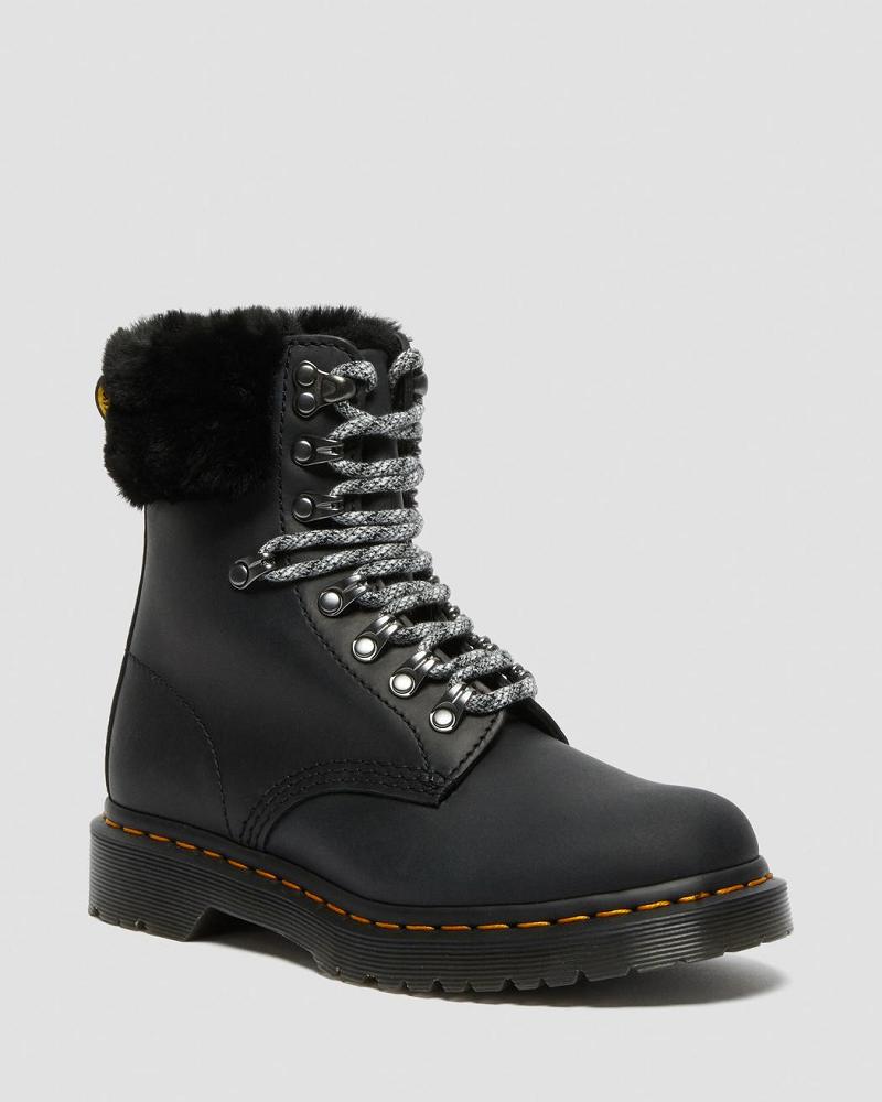 Dr Martens 1460 Serena Collar Faux Fur Gevoerde Veterlaarzen Dames Zwart | NL 578UZG